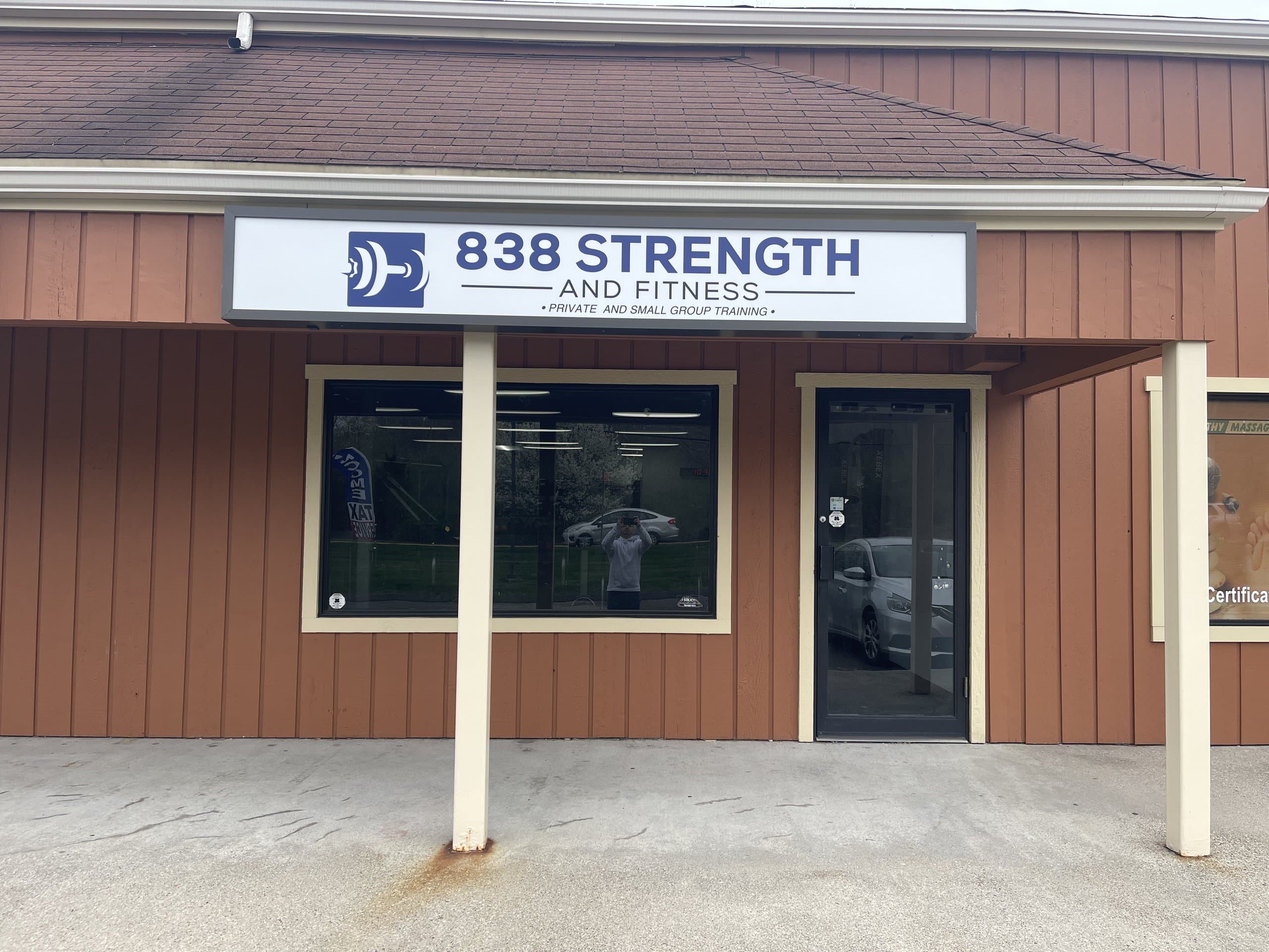 The 838 Strength and Fitness storefront on Main Street in Monroe, CT