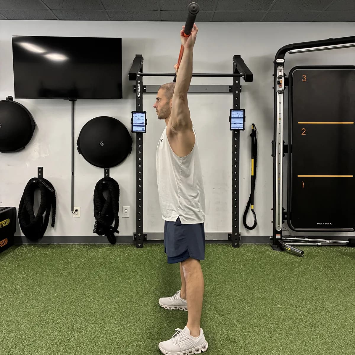 Overhead squat assessment, start position, at 838 Strength and Fitness