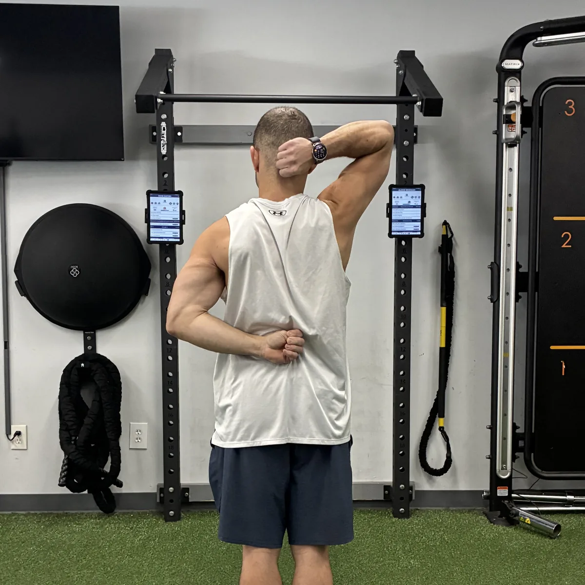 Shoulder mobility test, right side, at 838 Strength and Fitness