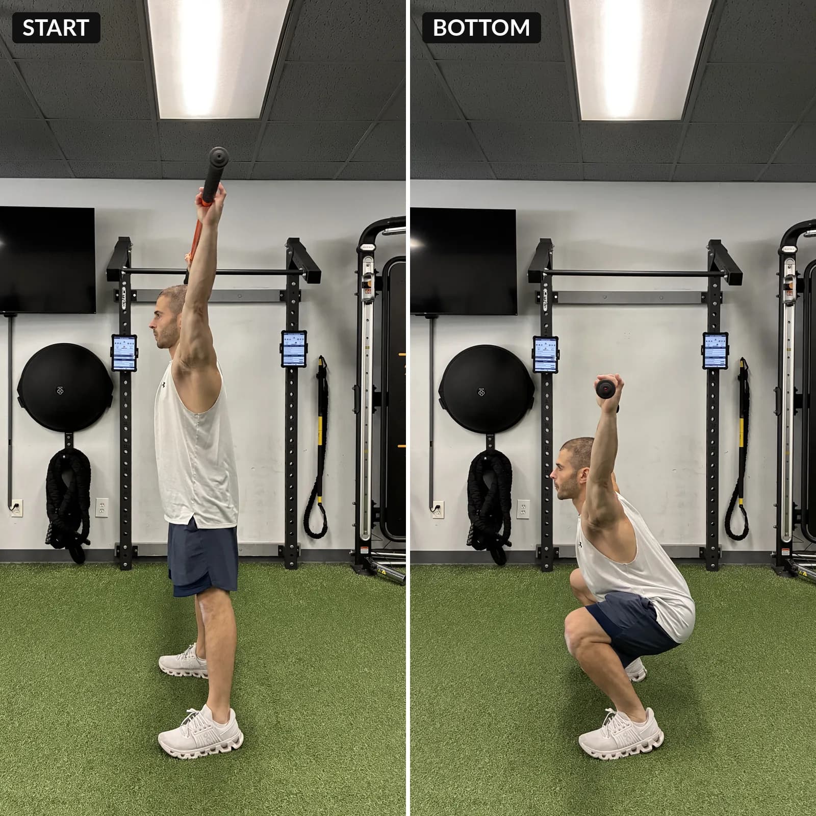 Start and bottom positions of the overhead squat assessment at 838 Strength and Fitness