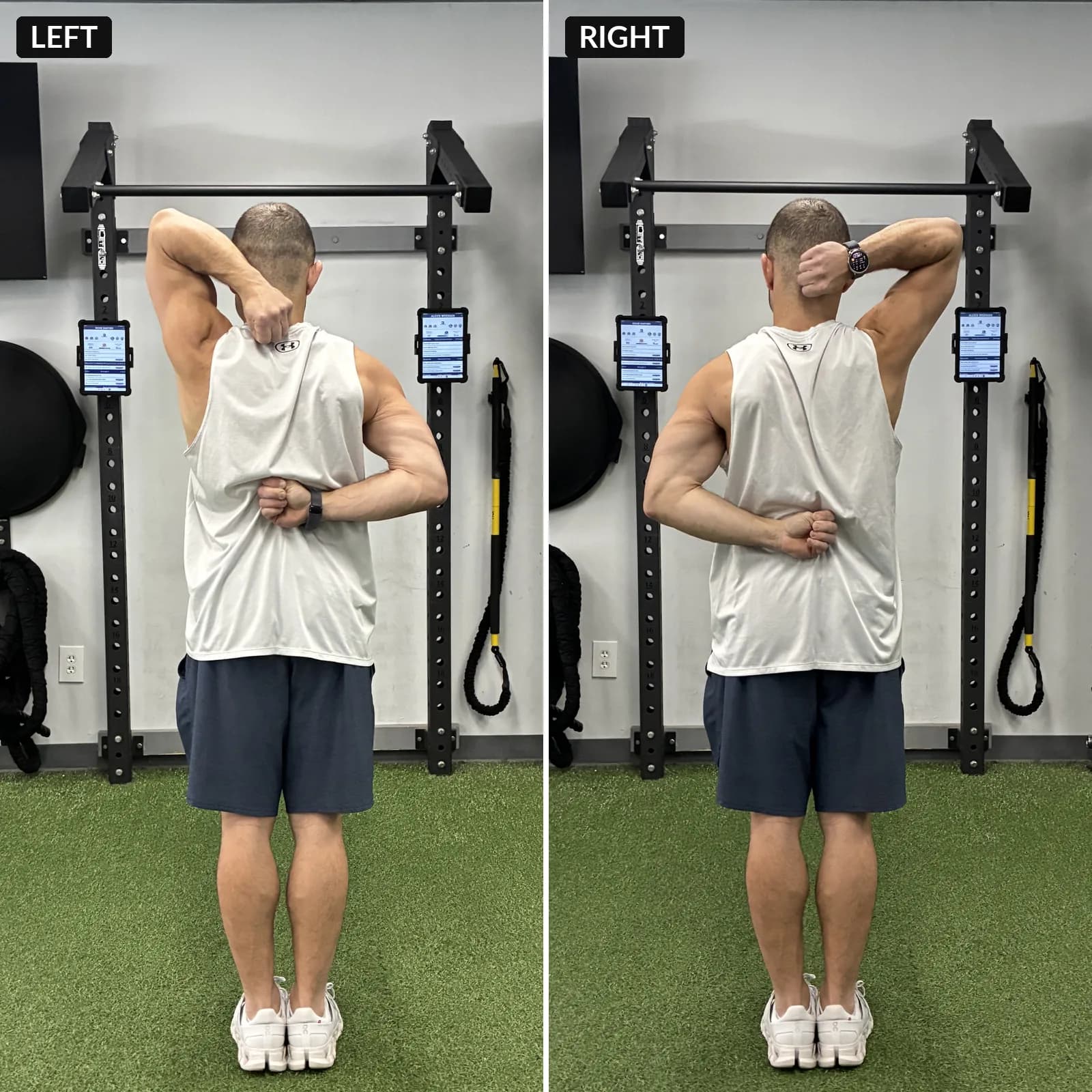 Left and right shoulder mobility test during the Functional Movement Screen at 838 Strength and Fitness