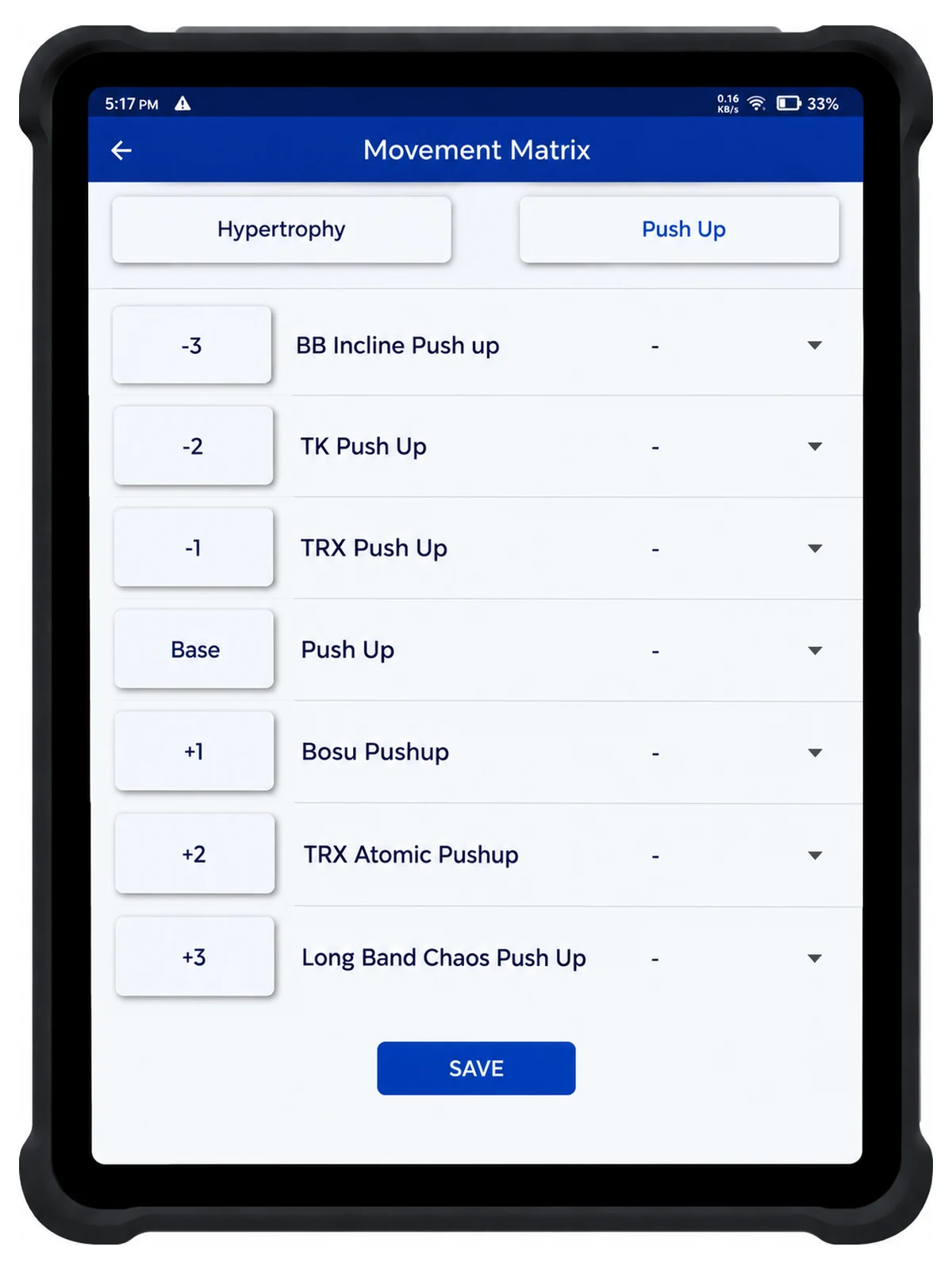 Movement Matrix screen showing push-up levels from -3 to +3 on the 838 workout tablet